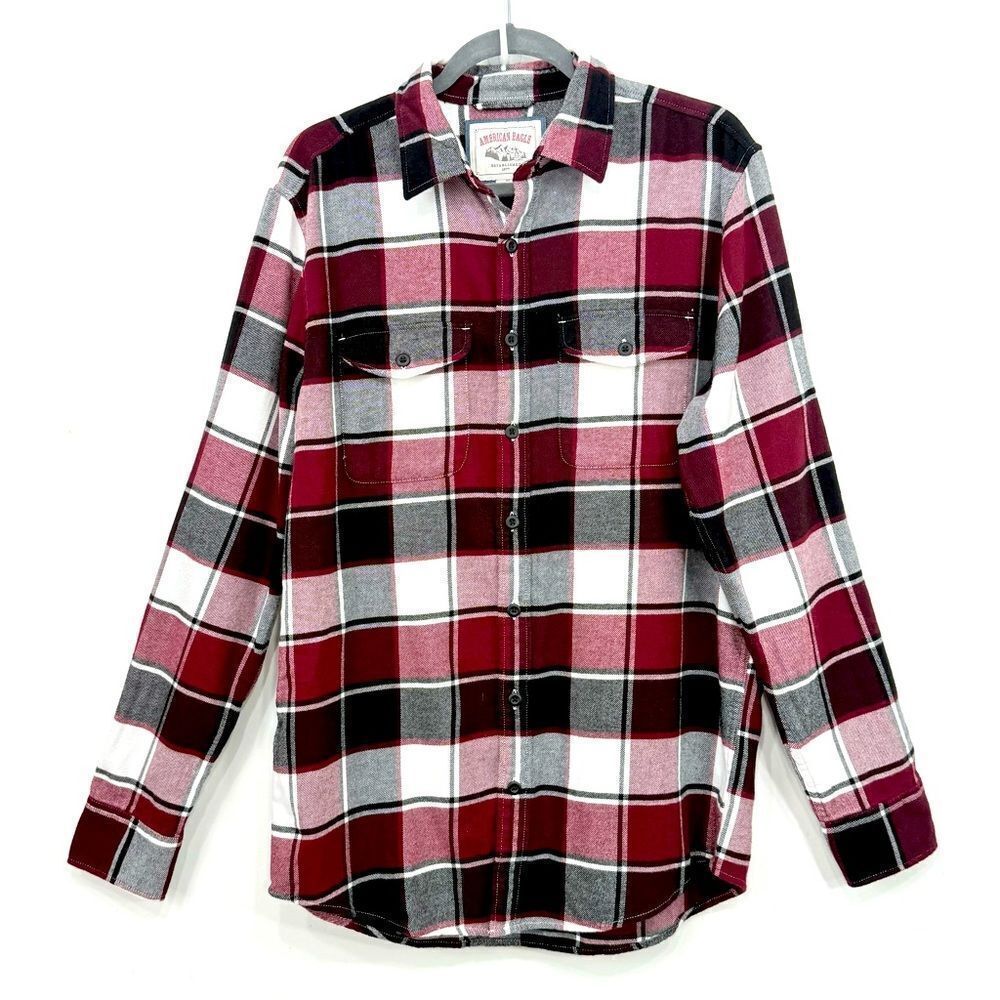 American Eagle Red Black Plaid Long Sleeve Cotton Flannel Button Up Shirt